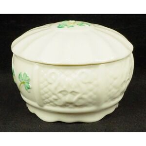 Irish Belleek Pottery Nadine Trinket Box with Lid 9th Blue Mark Signed Vtg 1990s